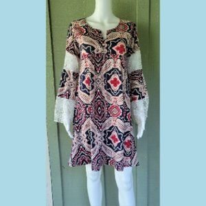 REBORN Cream, Red Navy Print Lace Sleeve Dress S
